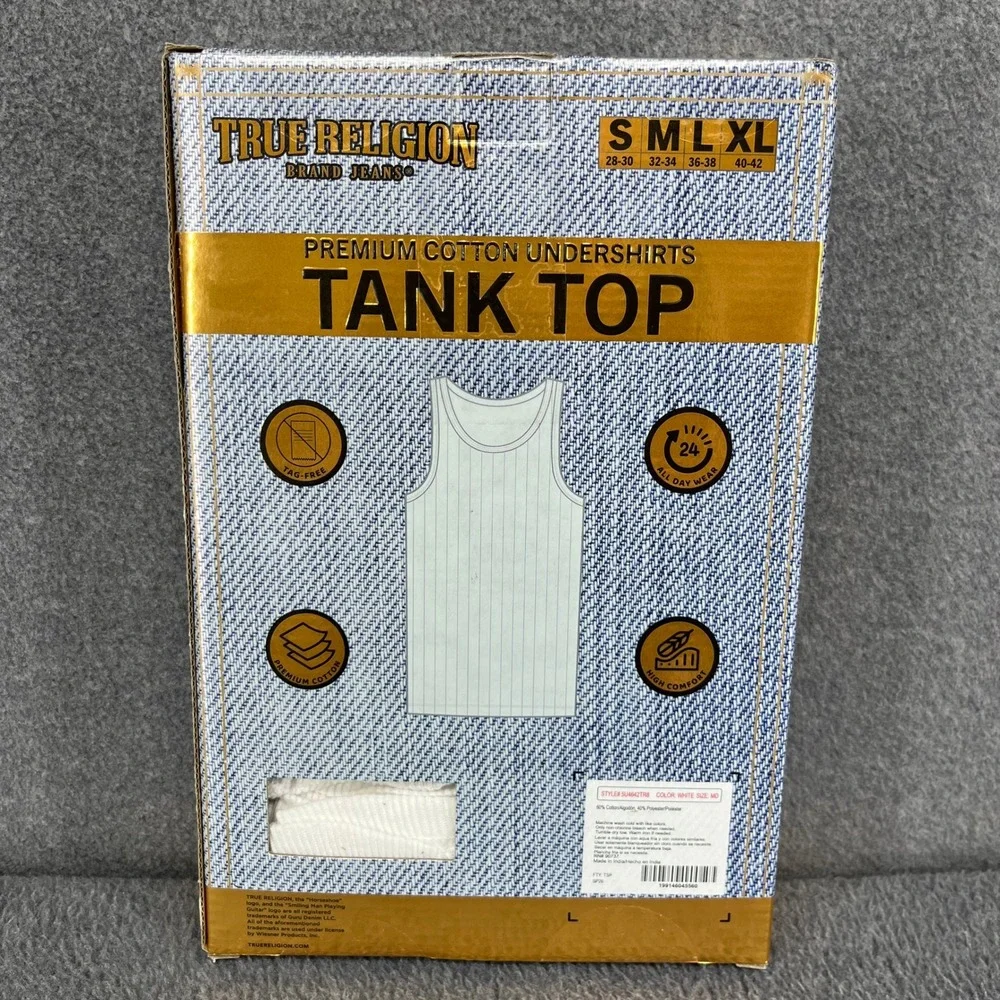 True Religion Tank Top Undershirts Mens Medium White 5PK Ribbed Horseshoe Logo